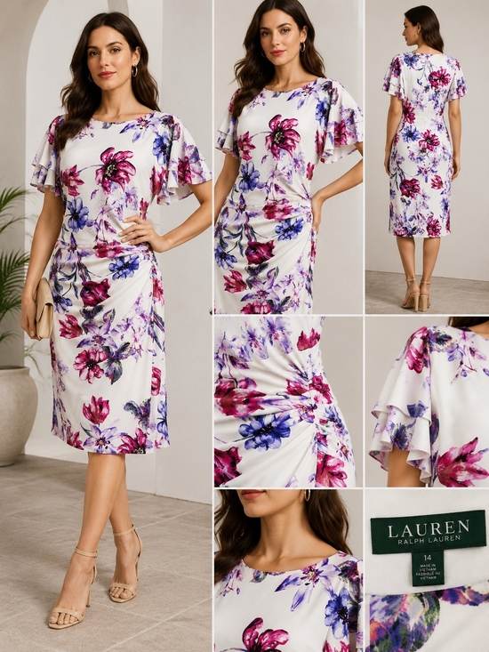 Lauren Ralph Lauren Dresses & Skirts - Lauren Ralph Lauren Floral Ruched Sheath Dress White Pink Size 14 Flutter Sleeve
